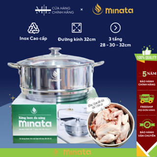 [HỎA TỐC] Xửng hấp inox 3 Tầng có nắp vung kính MINATA size 24cm dùng được nồi 20-22-24cm