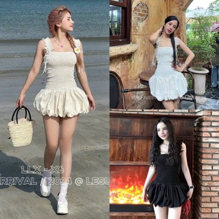 Váy Chun Nhún Toàn Thân 2 Dây Bèo Đính Nơ 3 Màu Dáng Bí Phồng Điệu Nhưng Basic (Ảnh Thật Trải sàn) Lollaye