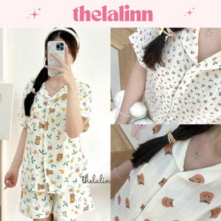 Bộ đồ ngủ xô muslin cổ bẻ dáng cộc thoải mái thoáng mát. Bộ ngủ nữ mặc nhà dễ thương.