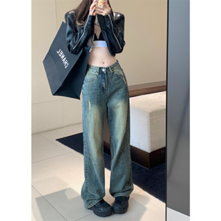 Quần jean suông Ống rộng nữ Lưng cao màu xanh bạc phong cách Vintage