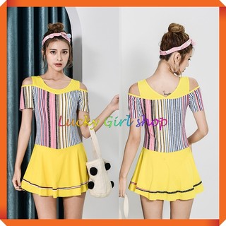 Bikini Bộ Bơi Đồ Bơi Liền Thân Kín Đáo Che Bụng Rớt Vai Dạng Váy (Có Quần Đùi Ôm Bên Trong) Free Size Dưới 55kg