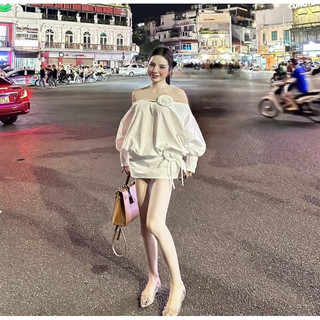  Váy trễ vai thô đính hoa tay dài dáng bồng (tặng kèm quần)C113