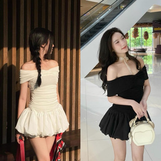  Váy Trễ Vai Nơ Thun Giấy Nhún Eo Phối Vải Thô Gió Su Dáng Bom Có Lót Quần 2 Màu Đen,Trắng