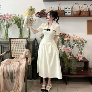 Đầm Tiểu Thư Dự Tiệc Dáng Xoè Viền Nơ Trước Thanh Lịch Tone Màu Kem Sang Chảnh Đi Chơi CaFe Xinh Xắn