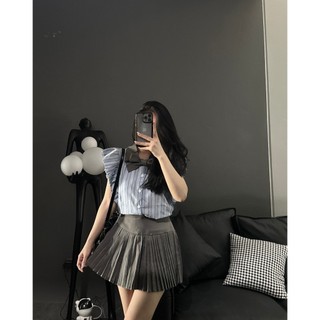 Set nữ áo sơ-mi kẻ cánh tiên phối cổ gắn nơ + chân váy xếp li nhỏ cạp khóa