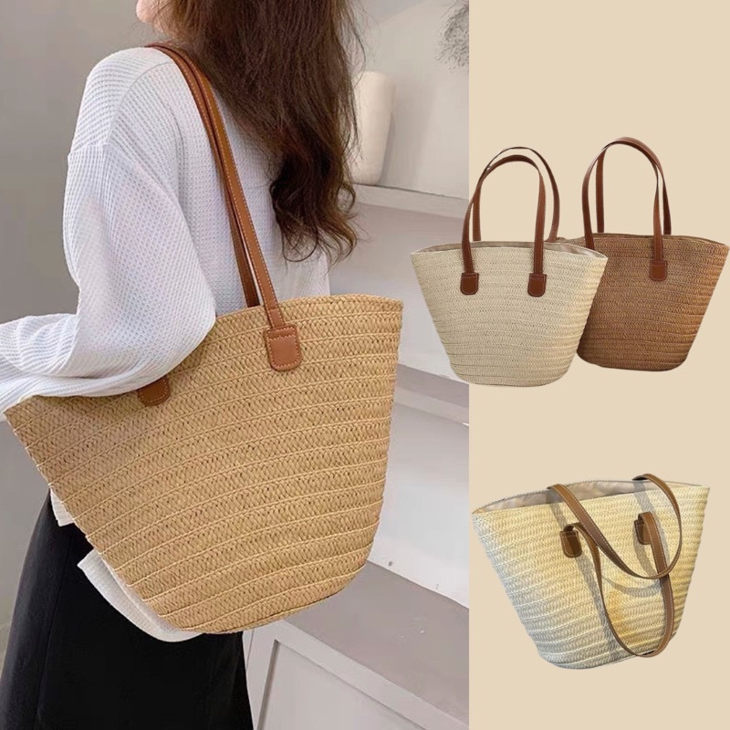 Túi cói xịn xò đan tay phối dây da phong cách vintage chụp ảnh sang chảnh