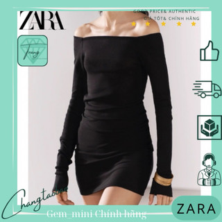Zara Auth Đầm ngắn trễ vai đen nữ tay rời size L