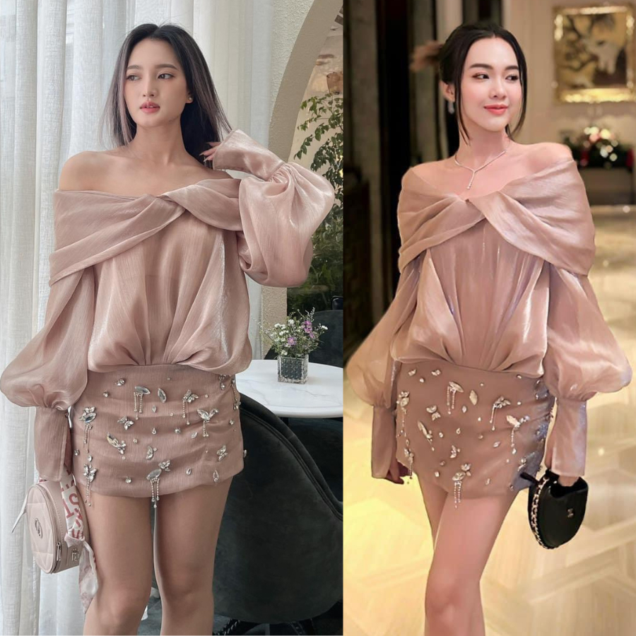 Set Áo + Chân Váy Đính Đá Cổ Nơ Bánh Bèo MELLYSTORE Set Bánh Bèo Chất Liệu Tơ Óng Cao Cấp Đẹp Quyến Rũ ,Sang Trọng