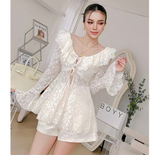 Váy trắng bánh bèo cổ v bèo vải ren kèm quần trắng mellystore váy bánh bèo chất ren cao cấp đẹp quyến rũ ,sang trọng