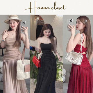 Bella - Đầm 2 dây thun tăm đen/trắng/kem xoắn dây lưng hở lưng quyến rũ dáng dài che bụng tôn dáng