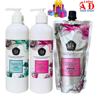 [Hetepi] Bộ dầu gội xả hấp ủ phục hồi tóc tẩy nhuộm uốn He Tepi Keratin Collagen 3 in 1 - 500ml