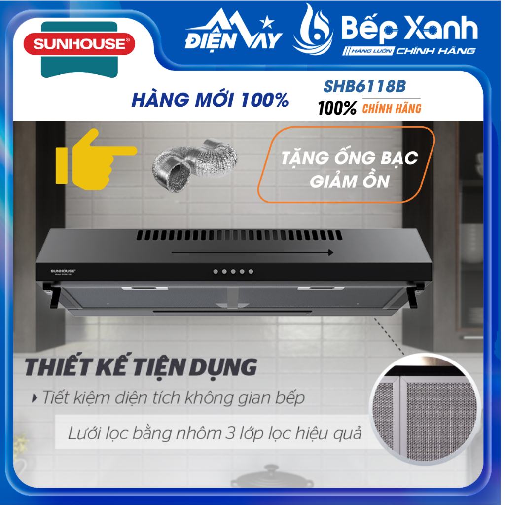 Máy hút mùi âm tủ Sunhouse SHB6118B - 700 m3/giờ - Tuỳ chỉnh 3 tốc độ