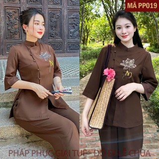 Mã PP019 Nâu_Pháp Phục Thanh Lịch Đi Chùa Cho Nữ Màu Nâu, Mã Thêu Bông Sen Chữ An, Chất Liệu Áo Quần Đũi Tằm Tơ Xước