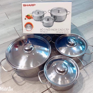 Bộ 3 Nồi inox Sharp , Nồi Bếp Từ Bếp Điện Hồng Ngoại Bếp Ga , Nồi Cao Cấp
