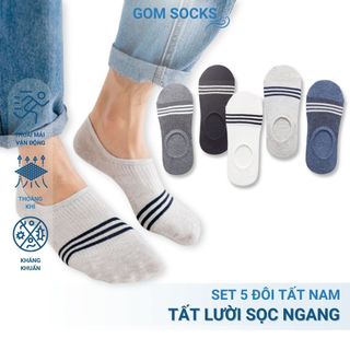Set 5 đôi Tất nam đi giày lười GOM SOCKS cao cấp, chất liệu cotton có đệm chống tuột gót - Mẫu sọc ngang