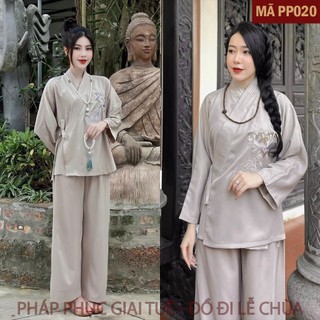 Mã PP020 Be_Pháp Phục Thanh Lịch Đi Chùa Dài Tay Cho Nữ, Chất Liệu Lụa Trượt Hàn, Họa Tiết Thêu Tay Phật Hoa Sen.