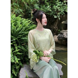 Mã PP023 Xanh Ngọc_Pháp Phục Đi Chùa Cho Nữ Mã Tơ Hương, Chất liệu Áo Lụa Tơ Nhăn Cao Cấp, Quần Lụa Vân, Họa Tiết Thêu.