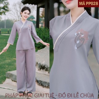 Mã PP028 Ghi Xanh_Pháp Phục Thanh Lịch Đi Chùa Cho Nữ, Họa Tiết Thêu Lá Bồ Đề Chữ Tâm, Chất Liệu Lụa Trượt Hàn Mềm Mại.