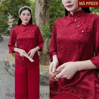 Mã PP029 Đỏ Đô_Pháp Phục Thanh Lịch Đi Chùa Cho Nữ, Chất Liệu Áo Lụa Gấm Hải Đường Mềm Mại, Quần Lụa Vân Dày Dặn.