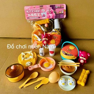 Túi đồ chơi nhà bếp gồm nồi cơm điện bếp gas nồi chảo đồ ăn cho bé chơi