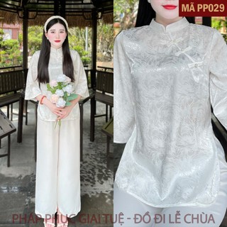 Mã PP029 Trắng_Pháp Phục Thanh Lịch Đi Chùa Cho Nữ, Chất Liệu Áo Lụa Gấm Hải Đường Mềm Mại, Quần Lụa Vân Dày Dặn.