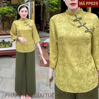 Mã PP029 Xanh Cốm_Pháp Phục Thanh Lịch Đi Chùa Cho Nữ, Chất Liệu Áo Lụa Gấm Hải Đường Mềm Mại, Quần Lụa Vân Dày Dặn.