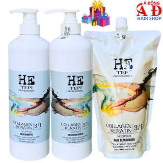 [Hetepi] Bộ dầu gội xả hấp ủ phục hồi tóc hư tổn Collagen Keratin HE TEPI 3 1000ml