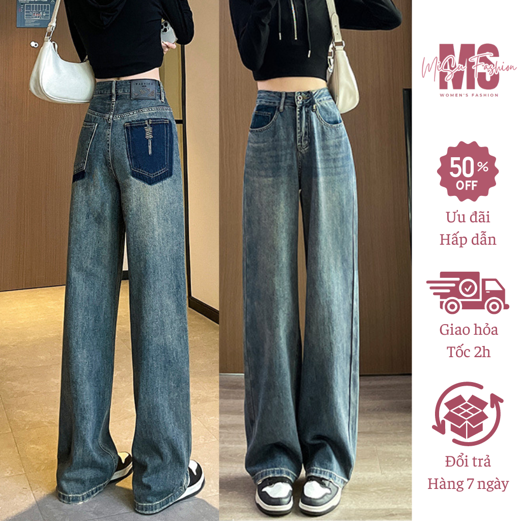 Quần bò jean nữ ống suông form rộng cạp cao, Quần Jean nữ ống rộng màu RETRO phong cách trẻ trung năng động TT2