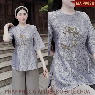 Mã PP030 Ghi Đá_Pháp Phục Thanh Lịch Đi Chùa Cho Nữ Họa Tiết Thêu Sen, Chất Liệu Áo Tơ Tằm Nha Xá VN, Quần Lụa Vân.