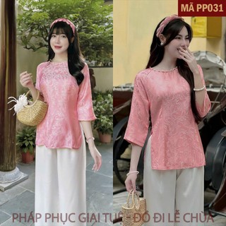 Mã PP031 Hồng_Pháp Phục Thanh Lịch Đi Chùa Cho Nữ Màu Hồng, Mã Cổ Khuy Ngọc, Chất Liệu Áo Lụa Tằm Cao Cấp, Quần Lụa Vân.