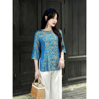 Mã PP031 Xanh Dương_Pháp Phục Thanh Lịch Đi Chùa Cho Nữ, Mã Cổ Khuy Ngọc, Chất Liệu Áo Lụa Tằm Cao Cấp, Quần Lụa Vân.