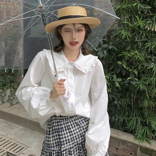 Áo sơ mi trắng nữ dài tay cổ bèo form rộng hàng Qc