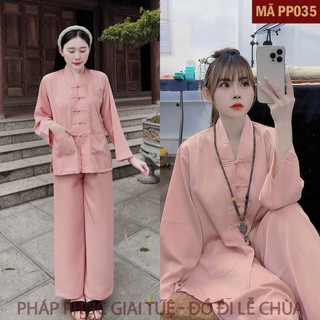 Mã PP035 Hồng_Pháp Phục Thanh Lịch Đi Chùa Cho Nữ, Mã Thiền Trơn, Chất liệu Lụa Trượt Cao Cấp, Họa Tiết Khuy Áo Tàu.