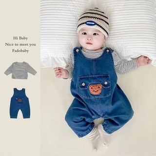 Set yếm denim và áo len kẻ rời hình gấu cho bé trai bé gái Hàng Quảng Châu cao cấp