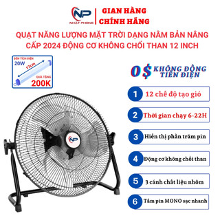 Quạt năng lượng mặt trời, quạt sạc tích điện dạng nằm chân quỳ SHOP NHẬT PHONG  có 3 cánh kim loại,12 cấp độ gió