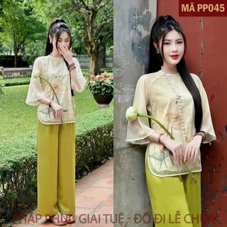 Mã PP045 Xanh Cốm_Pháp Phục Đi Chùa Cho Nữ Màu Hồng, Mã In 5D Hình Sen, Chất Liệu Áo Lụa Voan Óng Mềm Mại, Quần Lụa Vân.