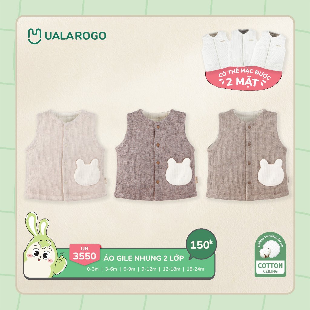 Áo gile cho bé Ualarogo 0-2 tuổi vải Cotton 2 lớp nhung mặc được 2 mặt thông thoáng ấm áp 3550