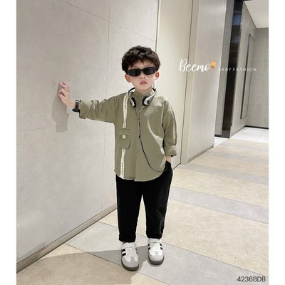 Set bộ sơ mi cổ tàu Beemo phối nắp túi in chữ Don't Quit chất liểu thô hàn cho bé trai  từ 9-24kg 4236BDB