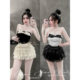 Sét áo quây ngực viền nơ phối chân váy tơ tầng xoè cực xinh tiểu thư