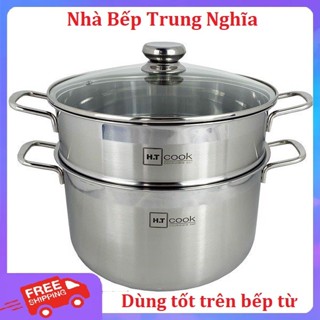 Bộ Nồi Xửng Hấp Inox HT COOK (Sire 26-28-30-32cm) 2 Tầng Vung Kính, Dùng tốt cho mọi loại bếp