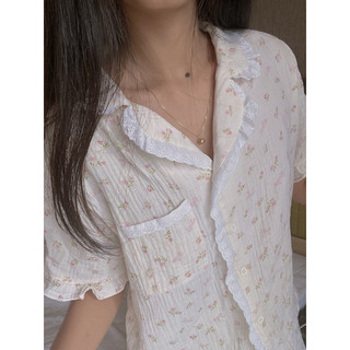 Bộ pijama tiểu thư phối ren boi thêu chất xô muslin nữ