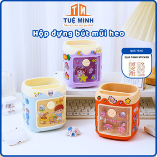 Hộp Đựng Bút Để Bàn Mũi Heo Nhựa ABS 5 Ngăn Kèm Sticker 3D - Hộp Đựng Đồ Make Up - Đồ Dùng Học Tập