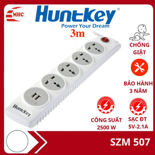 Ổ cắm điện đa năng chống giật Huntkey SZN 507, tự ngắt qua tải, có cổng usb sạc điện thoại- BH 3 năm