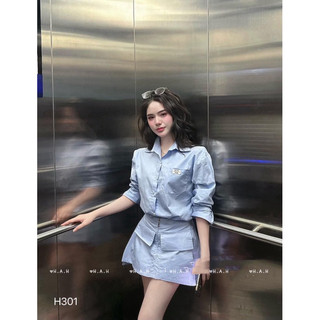 Set áo sơmi chân váy A phối xếp ly kéo khoá xinh