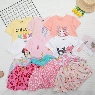 Set chân váy kèm áo thun bé gái size đại 18-45kg in hình kuromi, poly, kitty, esla