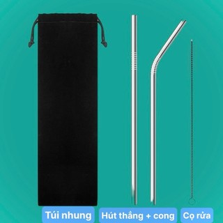 Ống hút inox 304 thân thiện với môi trường (Túi nhung + ống hút thẳng + cong + cọ rửa)