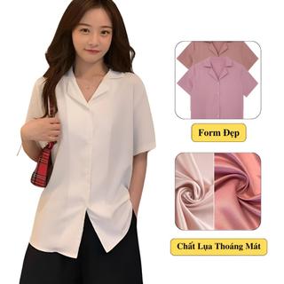 Áo Sơ Mi Lụa Nữ Cổ Vest Ngắn Tay Madela Phong Cách Công Sở, Sơ Mi Lụa Nữ Cổ Vest Lụa Hàn Mềm Mịn