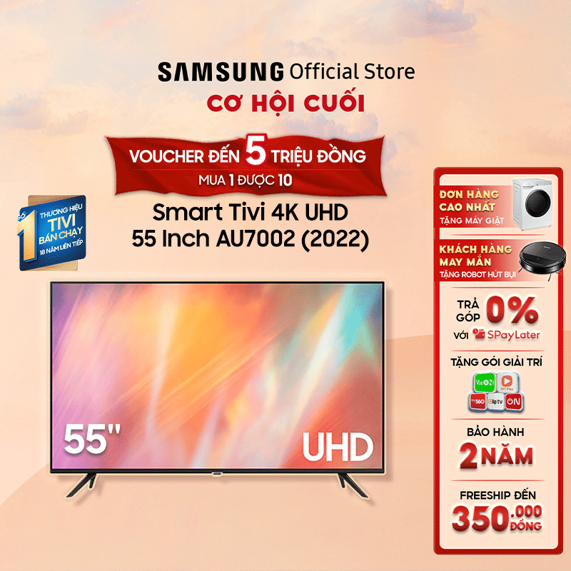 Smart Tivi Samsung 4K UHD 55 Inch UA55AU7002KXXV - Giao lắp 0đ nội thành 17/7-17/8
