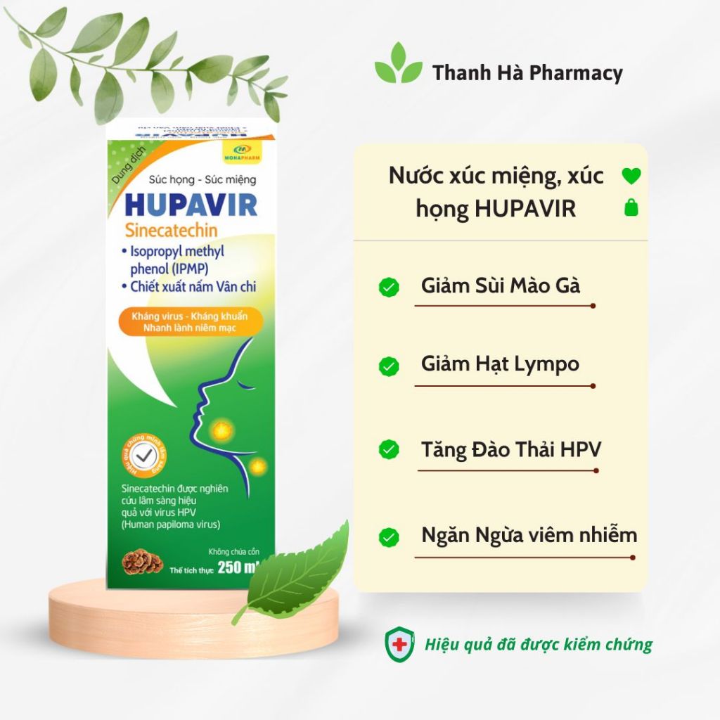 (Che Tên) Nước xúc miệng, xúc họng HUPAVIR, Hỗ trợ giảm sùi mào gà, hạt Lympo, ngăn ngừa HPV