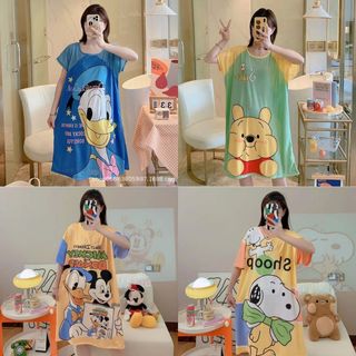 Váy ngủ cộc tay đầm ngủ dáng suông chất cotton mềm mát họa tiết hoạt hình dễ thương